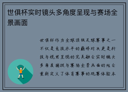 世俱杯实时镜头多角度呈现与赛场全景画面