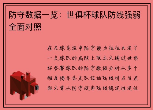 防守数据一览：世俱杯球队防线强弱全面对照