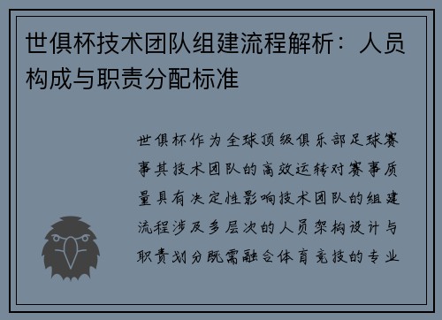 世俱杯技术团队组建流程解析：人员构成与职责分配标准